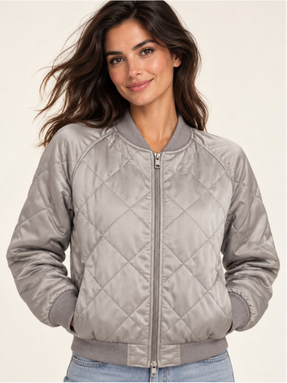 Go By GoSilk Silk Quilted Jacket Bomber Ribbed Zip Luxury XS Classic Silver Gray